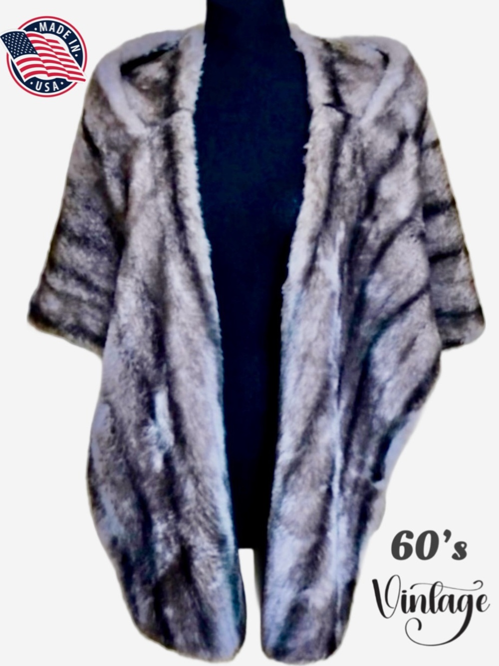 60’s Vintage Regina Glenara Faux Silver Fox Fur Stole Jacket OS